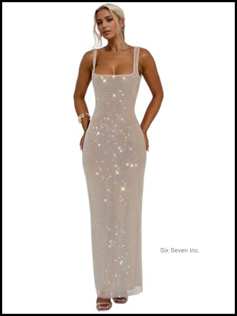 Glitter Mesh Bodycon Maxi Dress Sleeveless Open Back Rhinestone Formal Party